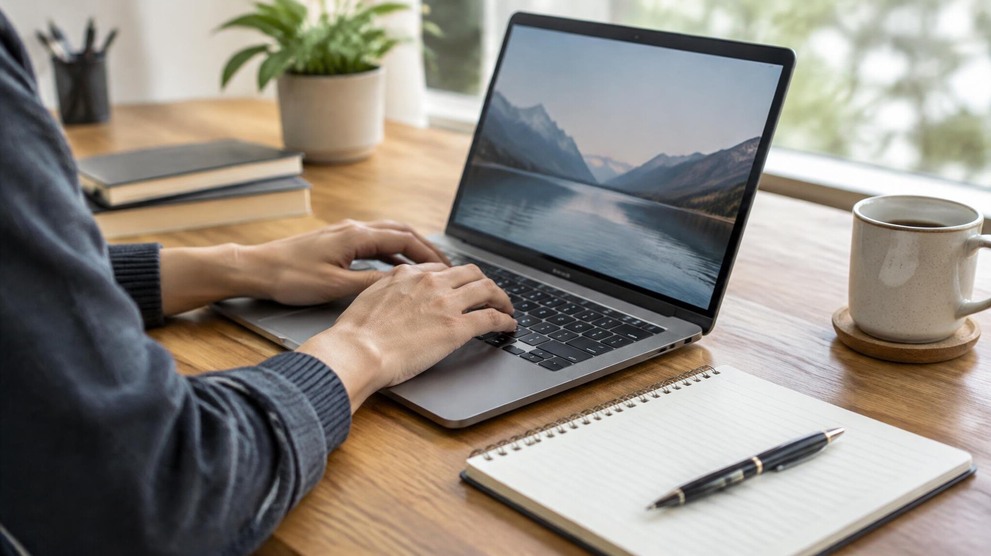 Hands typing on a laptop at a wooden desk with notebook