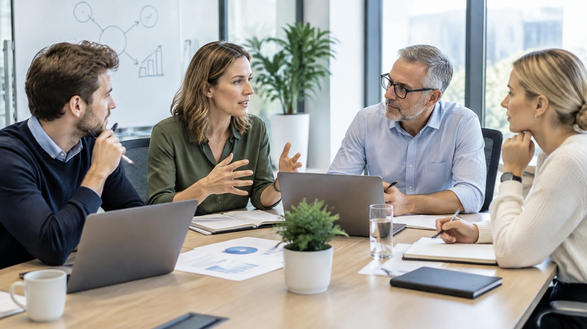 Colleagues discussing strategy around a conference table