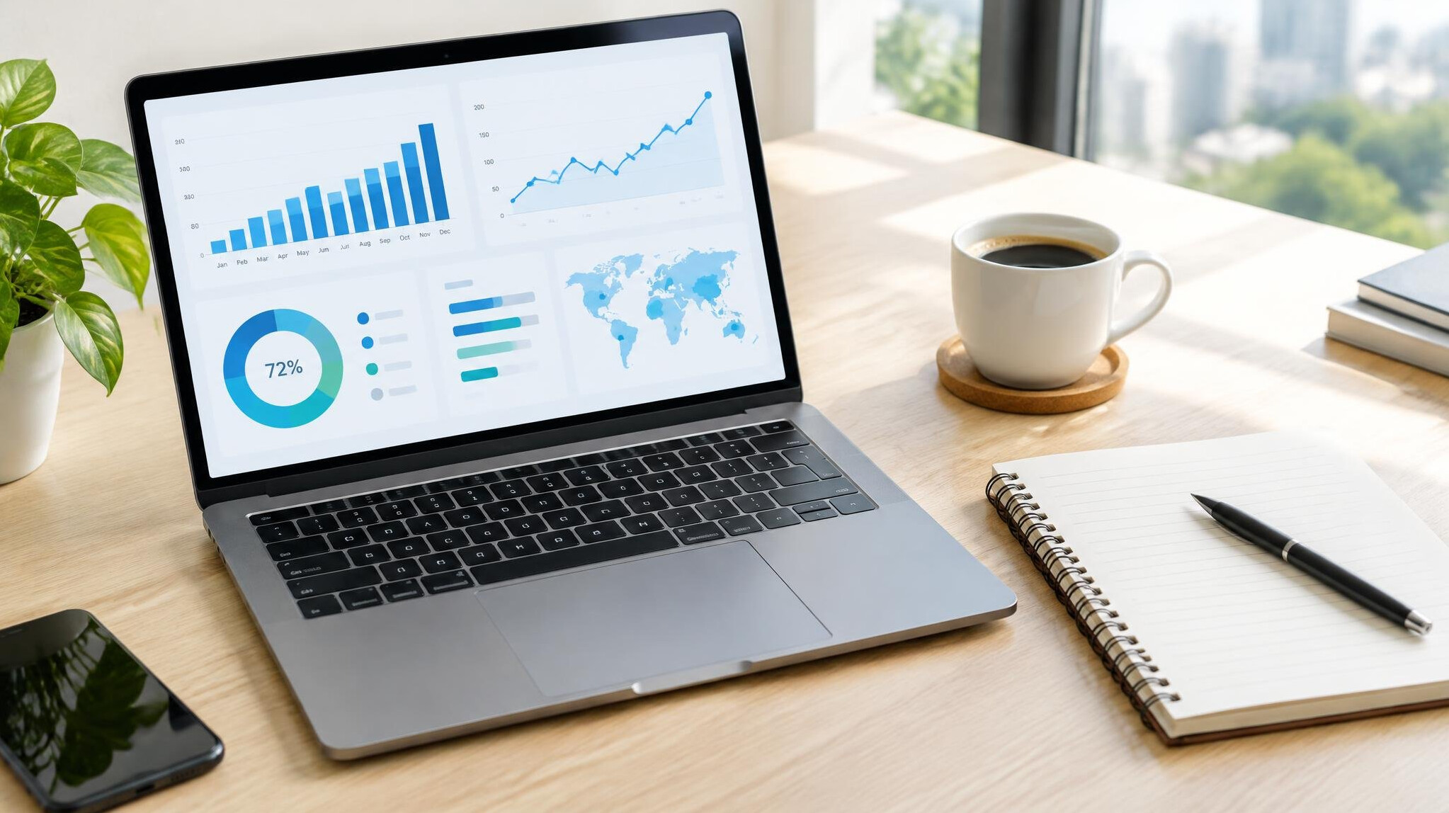 Laptop with business data and a notebook on a table