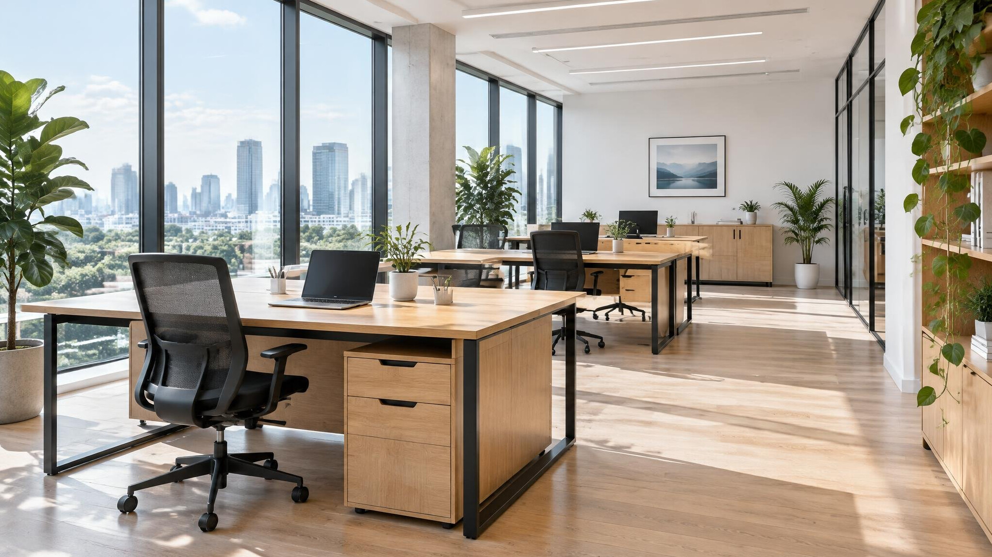 Bright modern office interior with desks and large windows