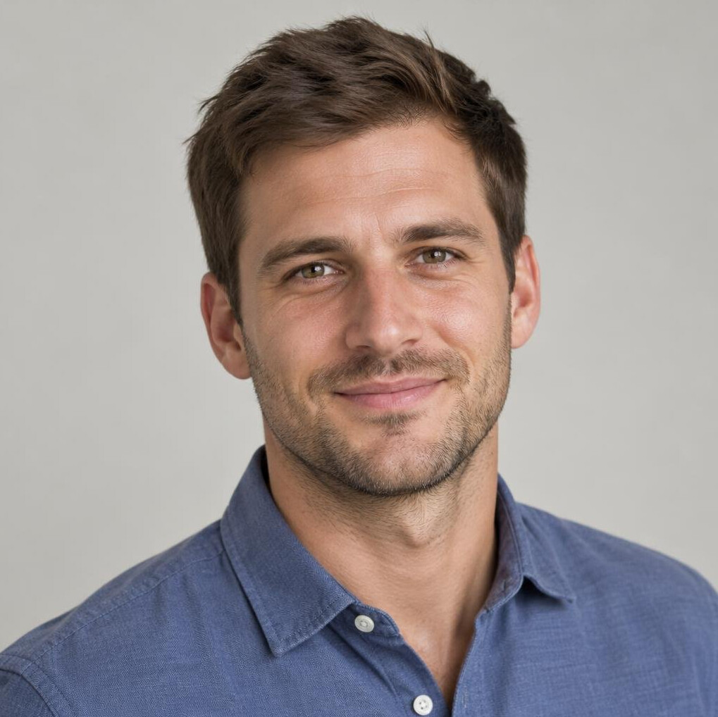 Portrait of a man with short hair in a casual shirt